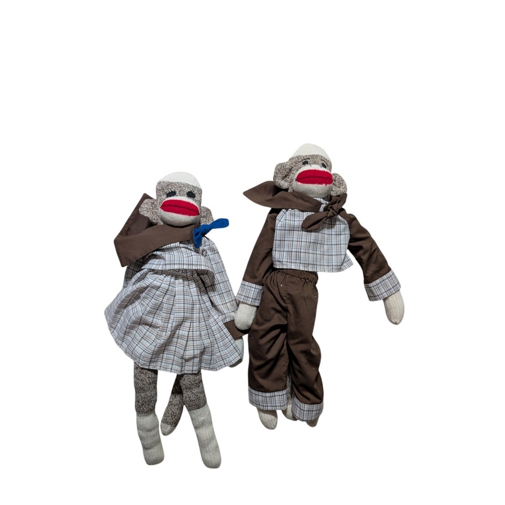Vintage Style Sock Monkey Dolls Set Boy Girl Handmade Prairie Outfit Plush